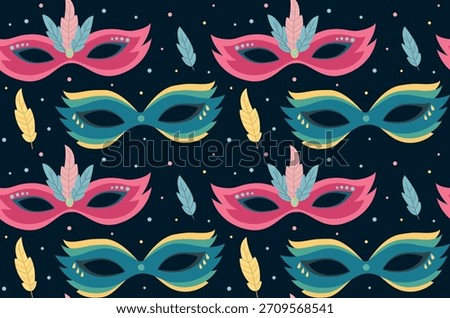 Seamless pattern with carnival eye masks with feathers. Background with colorful masquerade accessories