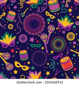 Seamless pattern. Carnival, festival, masquerade flyer template. Masks, stars, serpentine, drums, fireworks