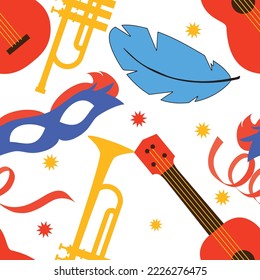 Seamless pattern carnival with mask, ukulele, musical trumpet and feather. Vector illustration.