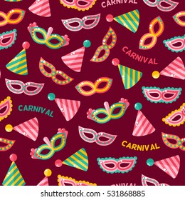 Seamless pattern with carnival masks and clown caps. Vector illustration. Maquerade wallpaper.