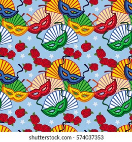 Seamless pattern with carnival masks. Copy space. Vector clip art.