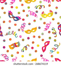 Seamless Pattern With Carnival Masks Different Forms And Color Stripes Confetti, Streamers 