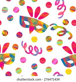 seamless pattern with carnival masks different forms and color stripes confetti, streamers 