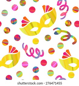 seamless pattern with carnival masks different forms and color stripes confetti, streamers 