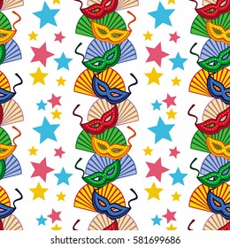 Seamless pattern with carnival masks and fans. Vector clip art.