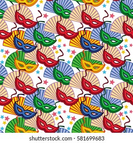 Seamless pattern with carnival masks and fans.Vector clip art.
