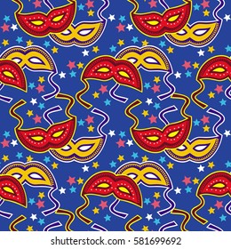 Seamless pattern with carnival masks and fans.Vector clip art.