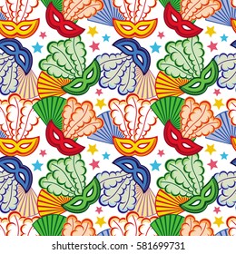 Seamless pattern with carnival masks and fans.Vector clip art.