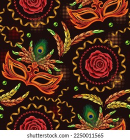 Seamless pattern with carnival masks, feathers, serpentine ribbons, streamters, rose flower on dark background. Detailed vintage illustration for prints, apparel, clothing, surface design