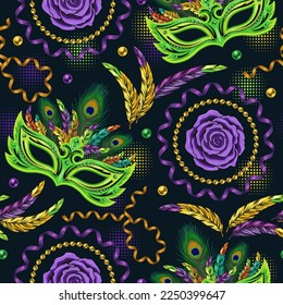 Seamless pattern with carnival masks, feathers, serpentine ribbons, streamters, rose flower on dark background. Detailed vintage illustration for prints, apparel, clothing, surface design