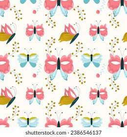 Seamless pattern of carnival masks. Carnival masks in the form of butterflies. Bright carnival masks. Vector illustration.
