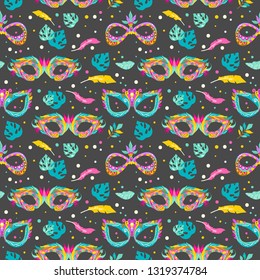 Seamless pattern with carnival masks, leaves and feathers, bright, simple, for festive design, packaging or wallpaper