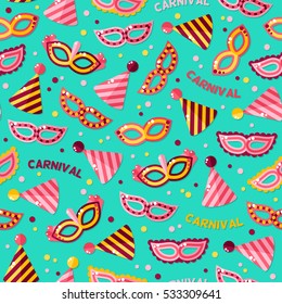 Seamless pattern with carnival masks, texts and clown caps. Vector illustration. Blue masquerade wallpaper with confetti