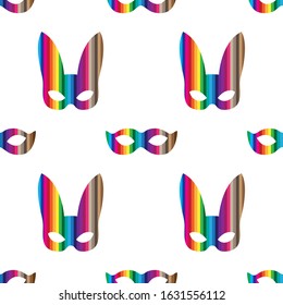 seamless pattern of carnival masks in vertical multicolored stripes on a white background. Vector image eps 10