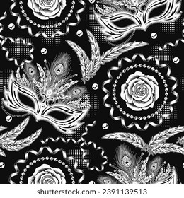 Seamless pattern with carnival masquerade masks, feathers, party streamers, rose flower on black background. Detailed vintage illustration for prints, apparel, clothing, surface design. Not AI