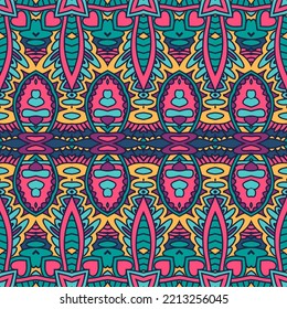 El carnaval de patrón sin foco adorna a la etnia brillante psicodélica. Antecedentes decorativos de arte geométrico vectorial colorido.