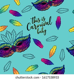 Seamless pattern for carnival party with feathers and carnival mask. Printing fabric textile.