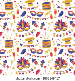 Seamless pattern with carnival symbols, ,flat style on white background