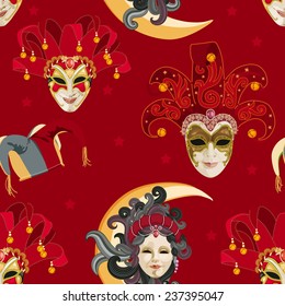 Seamless pattern with carnival venetian colorful mask on traditional red background