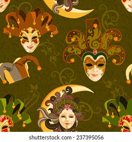 Seamless pattern with carnival venetian colorful mask on traditional green background