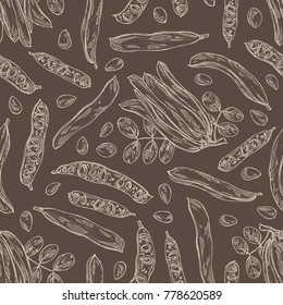 Seamless pattern with carob: branch, carob pods and fruits. Super food. Vector hand drawn illustration