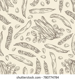 Seamless pattern with carob: branch, carob pods and fruits. Super food. Vector hand drawn illustration