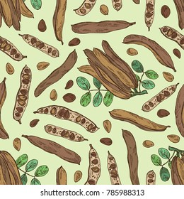 Seamless pattern with carob: branch, carob pods and fruits. Super food. Vector hand drawn illustration