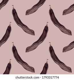 Seamless pattern with carob. Carob fruit. Brown seeds. Wallpaper, print, packing, textile design, paper. Vector illustration.