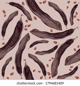 Seamless pattern with carob. Carob fruit. Brown seeds. Wallpaper, print, packing, textile design, paper. Vector illustration.