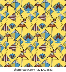 Patrón sin foco de color azul carolina, órgano hepático, gris claro, naranja grueso, alcachofa, oro vegano, color plata pálido hermosas cometas sobre fondo amarillo mínimo. diseño textil, papel pintado, afiche, tarjeta.