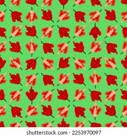 Seamless pattern with Carolina Reaper peppers. HP22B. Capsicum chinense. Superhot chile pepper. Chili pepper. Vegetables. Flat style. Vector illustration isolated on green background.