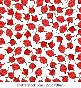 Seamless pattern with Carolina Reaper peppers. HP22B. Capsicum chinense. Chili pepper. Vegetables. Cartoon style. Vector illustration isolated on white background.