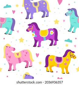 Seamless pattern carousel horses. Colorful cute kids animals, funny fairy tales ponies with decorated saddles. Decor textile, wrapping paper wallpaper, vector print or fabric