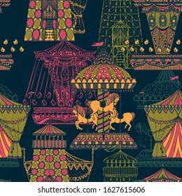 Seamless pattern with carousel and tent. Funfair theme. Vintage hand drawn vector illustration