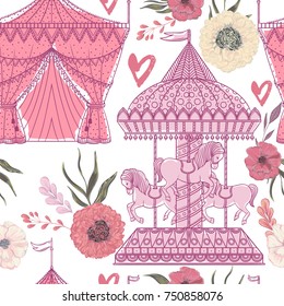 Seamless pattern with carousel, tent, hearts and floral elements on white background. Funfair theme. Vintage vector illustration in watercolor style.
