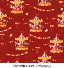 Seamless pattern with carousels, balloons and cotton candy. Vector graphics.