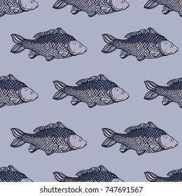 Seamless pattern with carp fish. Pond. Background with underwater inhabitants. Hand drawn. Vector illustration.