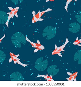seamless pattern of carp fish and water lily floating in the glistening water