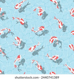 Seamless pattern with carp koi swimming in blue water, top view. Cute japanese cartoon fish art, flat vector illustration