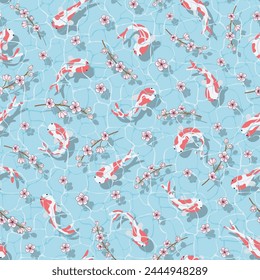 Seamless pattern with carp koi swimming in clear blue water and sakura flowers, top view. Cute Japan fish underwater and cherry blossom. Spring or summer nature flat vector illustration