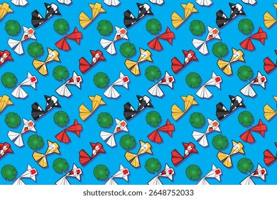 Seamless pattern of carp Origami or Japanese paper folding koi fish swimming in pond with lotus leaves drawing in colorful cartoon vector