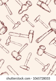 Seamless pattern with Carpentry tools hammers, sledgehammer. Sketch tools for vintage decoration. Hand drawn vector collection.