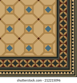 Seamless pattern for carpet, cloth, tablecloth, wallpaper, scarf, floor tiles or other design. Main part, edge and corner. Examples and main pattern included.