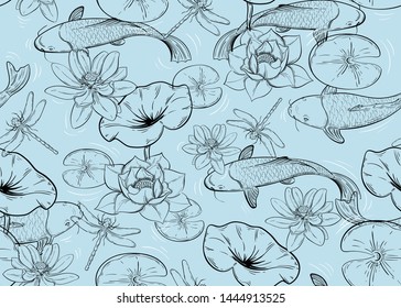 seamless pattern with carps, lotuses and dragonflies. line art