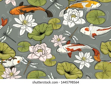 seamless pattern with carps, lotuses and dragonflies
