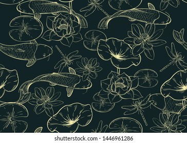 seamless pattern with carps, lotuses and dragonflies
