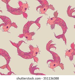 seamless pattern with carps on white, ethnic japanese background