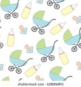 Seamless pattern with a carriage and a destky pacifier, a baby's dummy on a white background. Vector picture.