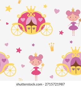 Seamless pattern with carriage and princess. Cute fairytale digital paper for kids.