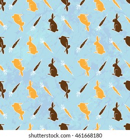 Seamless Pattern With Carrot And Bunny On A Blue Grunge Background